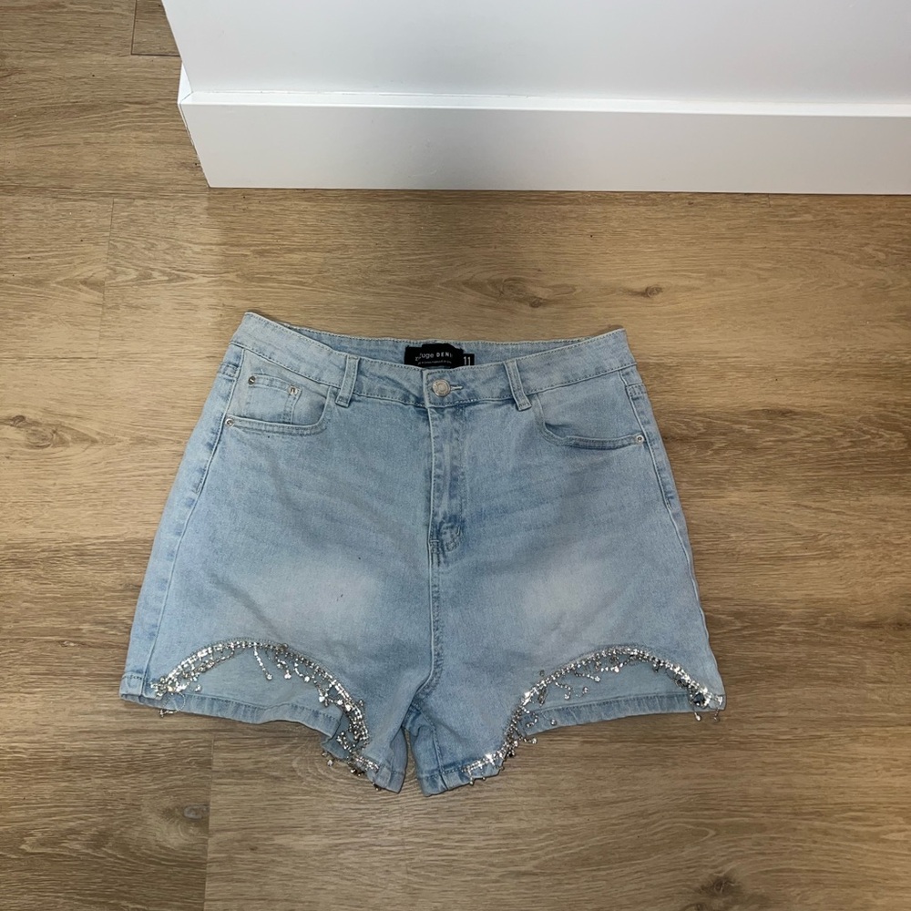 Refuge Blue and Silver Jean Shorts with Distressed Hem